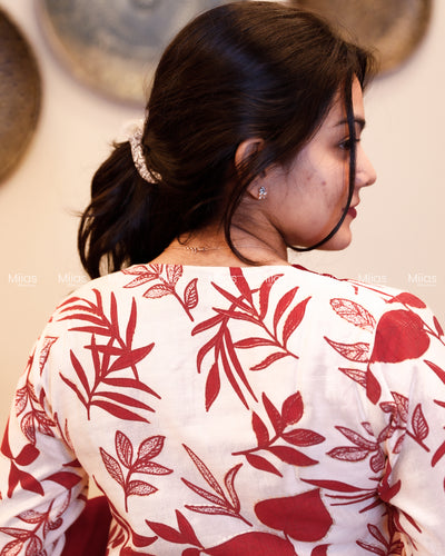 Vatican Fabric Kurti | Floral A-Line Top + Pockets | White & Reddish maroon