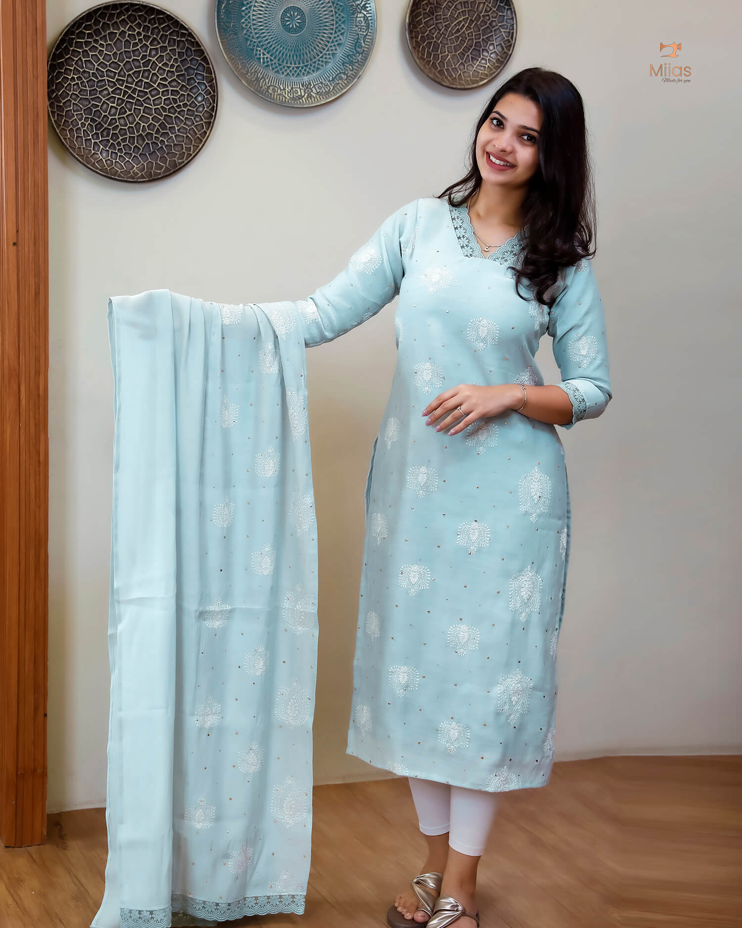 Crushed Dhara Silk | Embroidered Slit Top & Dupatta Set | Pastel Blue