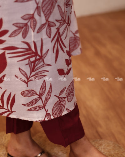 Vatican Fabric Kurti | Floral A-Line Top + Pockets | White & Reddish maroon