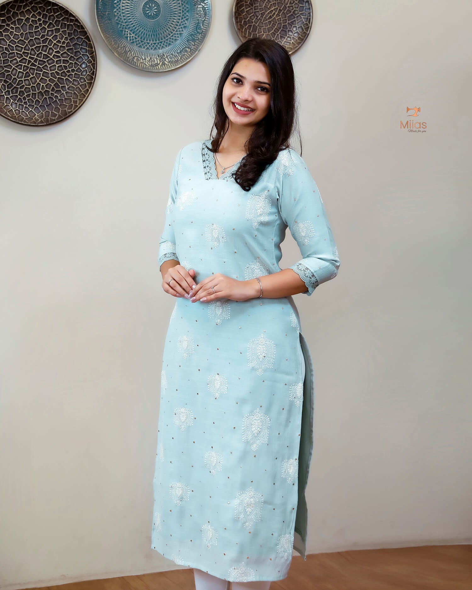 Crushed Dhara Silk | Embroidered Slit Top & Dupatta Set | Pastel Blue