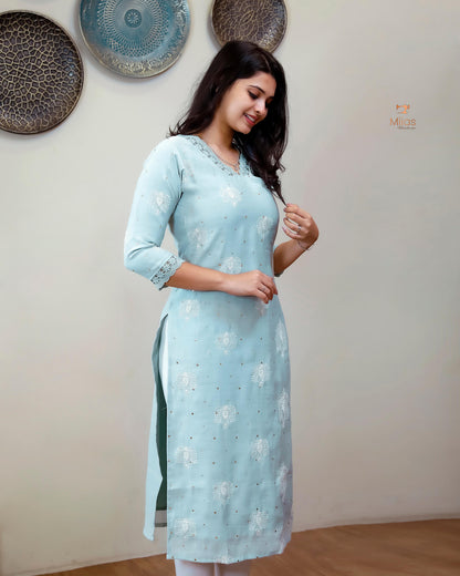 Crushed Dhara Silk | Embroidered Slit Top & Dupatta Set | Pastel Blue