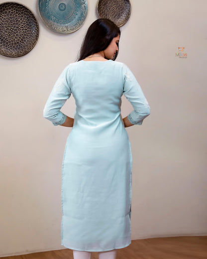 Crushed Dhara Silk | Embroidered Slit Top & Dupatta Set | Pastel Blue