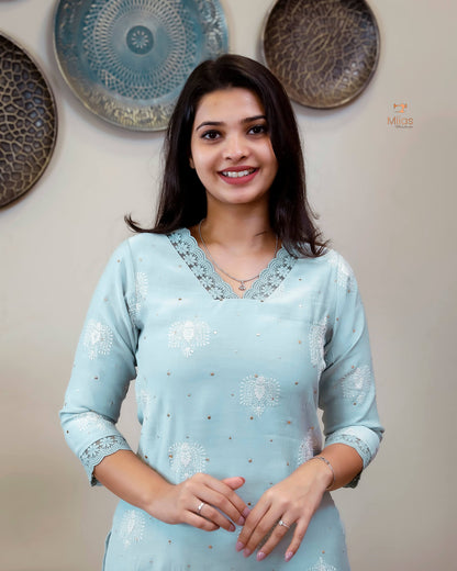Crushed Dhara Silk | Embroidered Slit Top & Dupatta Set | Pastel Blue