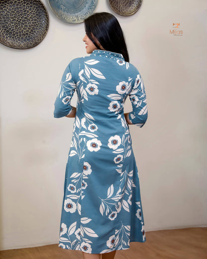 South Cotton Kurti with Mirrors, Sequins & Pocket-Blue