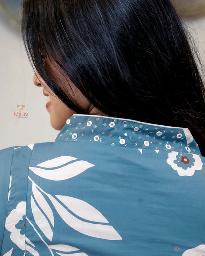 South Cotton Kurti with Mirrors, Sequins & Pocket-Blue