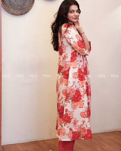 Vatican Fabric Co-ord Set | Floral Alia cut Slit Top + Cotton Bottom | Red & Peach