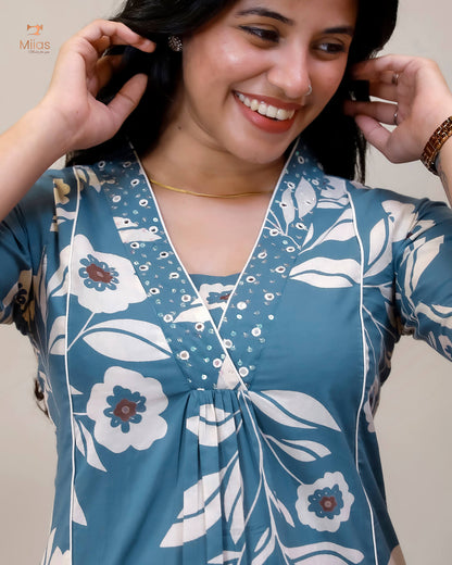 South Cotton Kurti with Mirrors, Sequins & Pocket-Blue