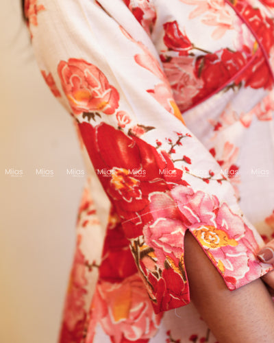 Vatican Fabric Co-ord Set | Floral Alia cut Slit Top + Cotton Bottom | Red & Peach