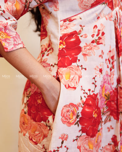 Vatican Fabric Co-ord Set | Floral Alia cut Slit Top + Cotton Bottom | Red & Peach