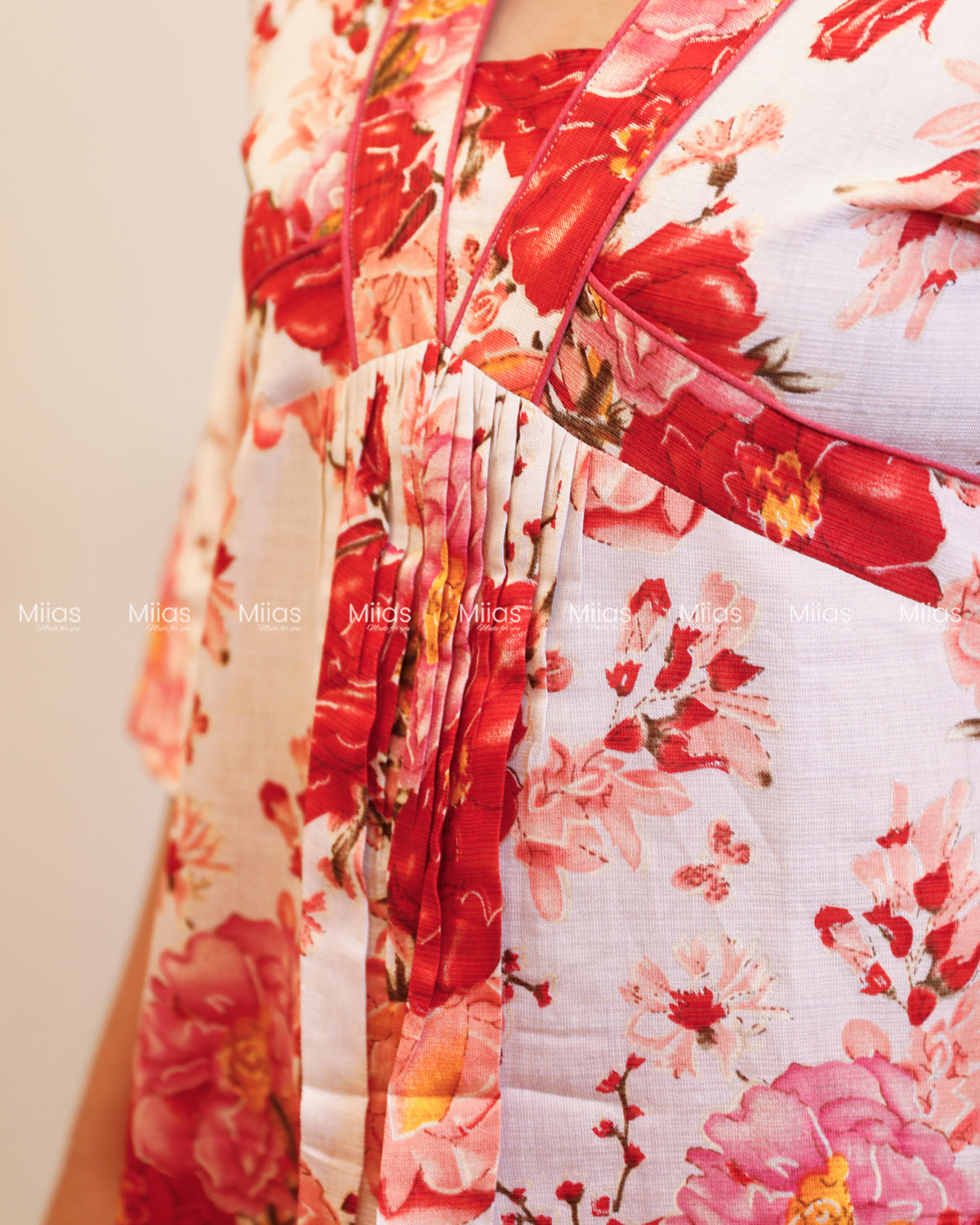Vatican Fabric Co-ord Set | Floral Alia cut Slit Top + Cotton Bottom | Red & Peach