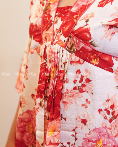 Vatican Fabric Co-ord Set | Floral Alia cut Slit Top + Cotton Bottom | Red & Peach