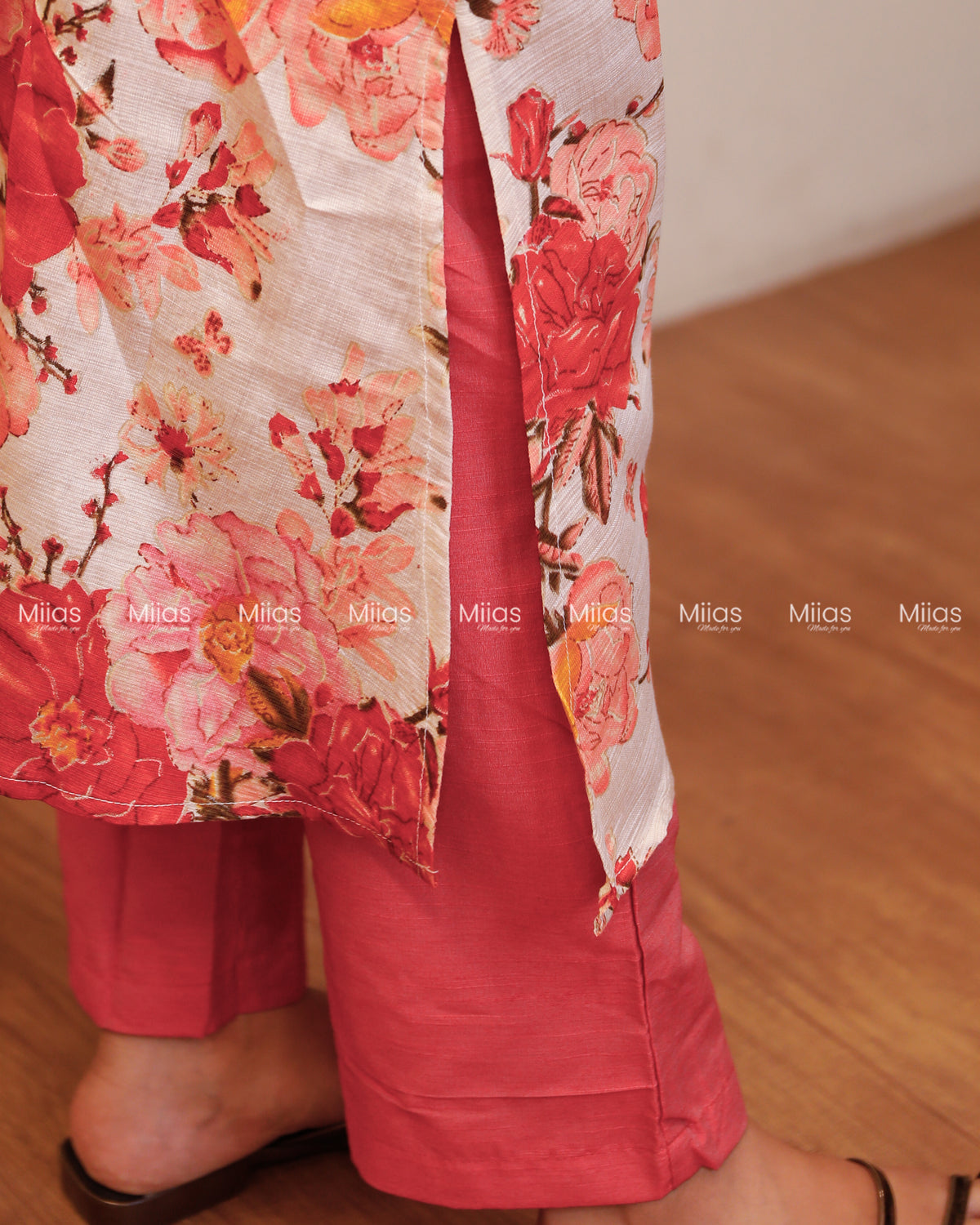 Vatican Fabric Co-ord Set | Floral Alia cut Slit Top + Cotton Bottom | Red & Peach