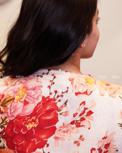 Vatican Fabric Co-ord Set | Floral Alia cut Slit Top + Cotton Bottom | Red & Peach