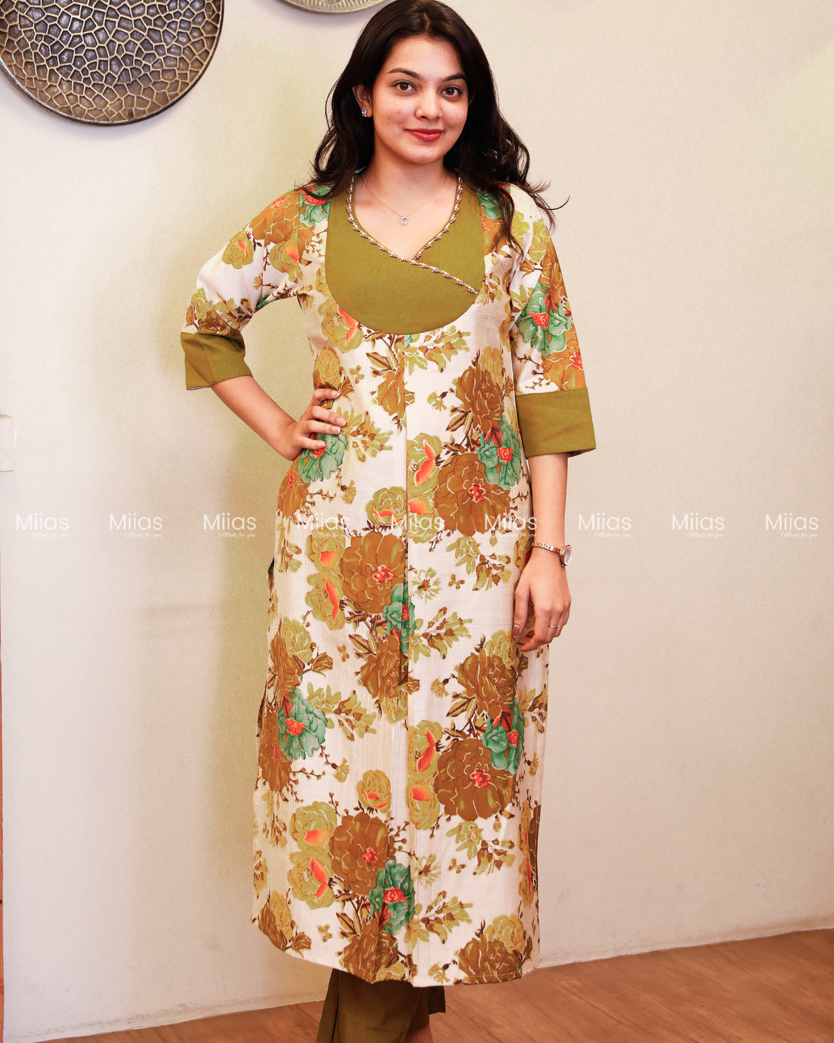 Vatican Fabric Co-ord Set | Pearl Sequin Yoke + Box Pleat | Olive Green