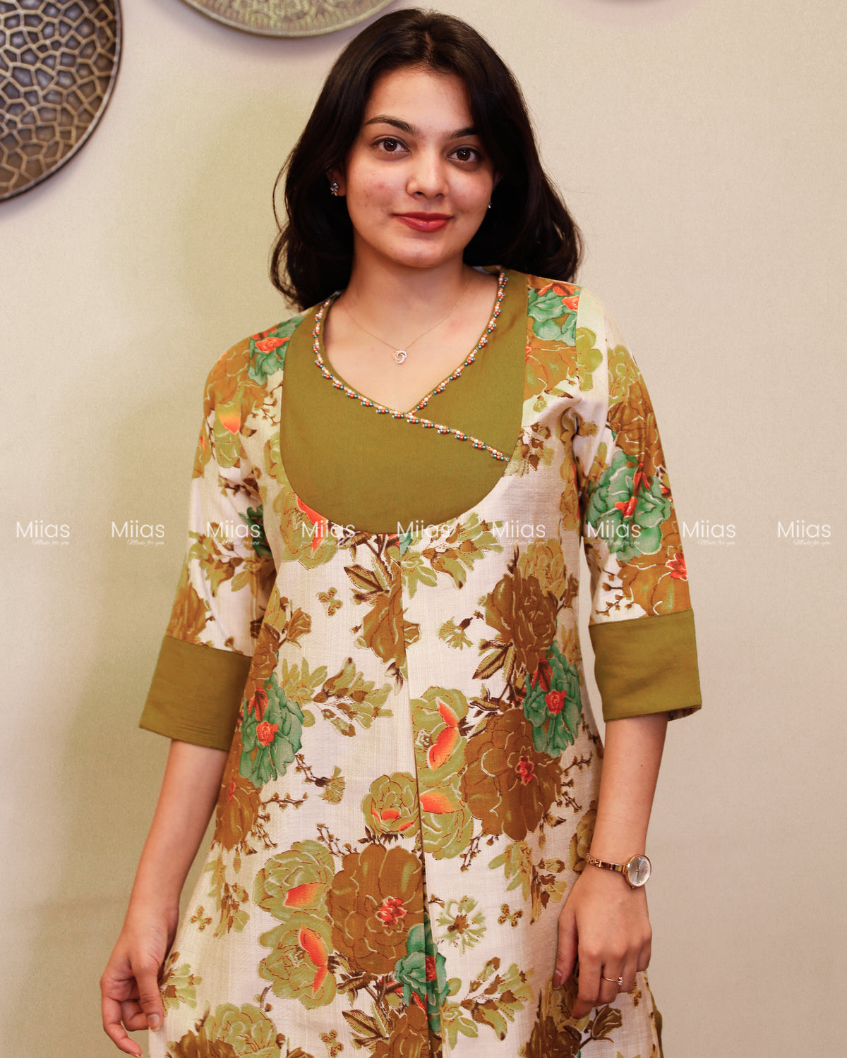 Vatican Fabric Co-ord Set | Pearl Sequin Yoke + Box Pleat | Olive Green