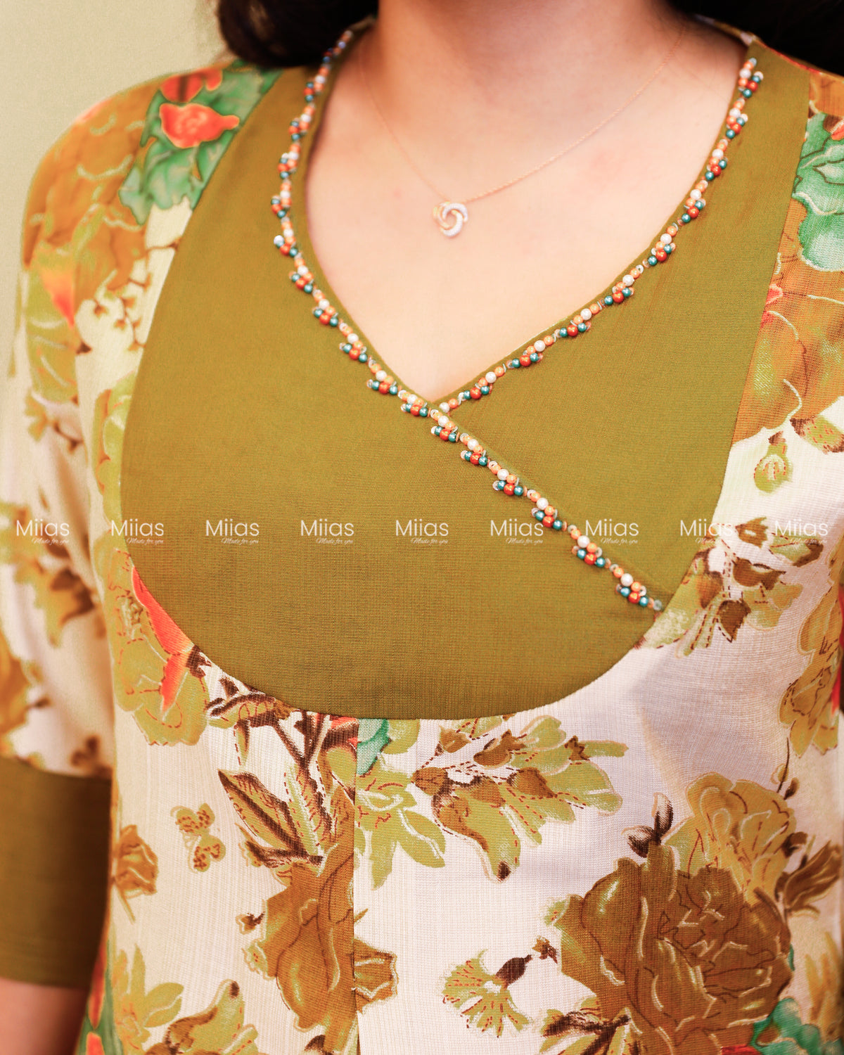 Vatican Fabric Co-ord Set | Pearl Sequin Yoke + Box Pleat | Olive Green