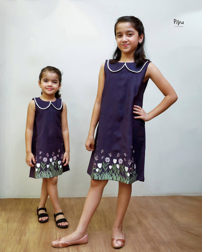 Vatican A-Line Frock with Peter Pan Collar & Embroidered Hem-Deep Violet