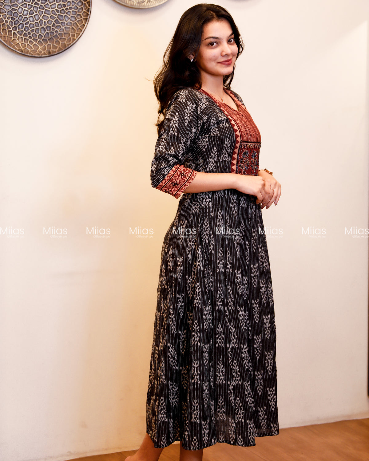 Kantha Cotton Panel Kurti | Ajrakh Beaded Yoke + Borders | Charcoal Black