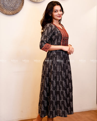 Kantha Cotton Panel Kurti | Ajrakh Beaded Yoke + Borders | Charcoal Black