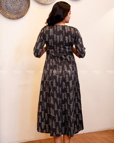 Kantha Cotton Panel Kurti | Ajrakh Beaded Yoke + Borders | Charcoal Black