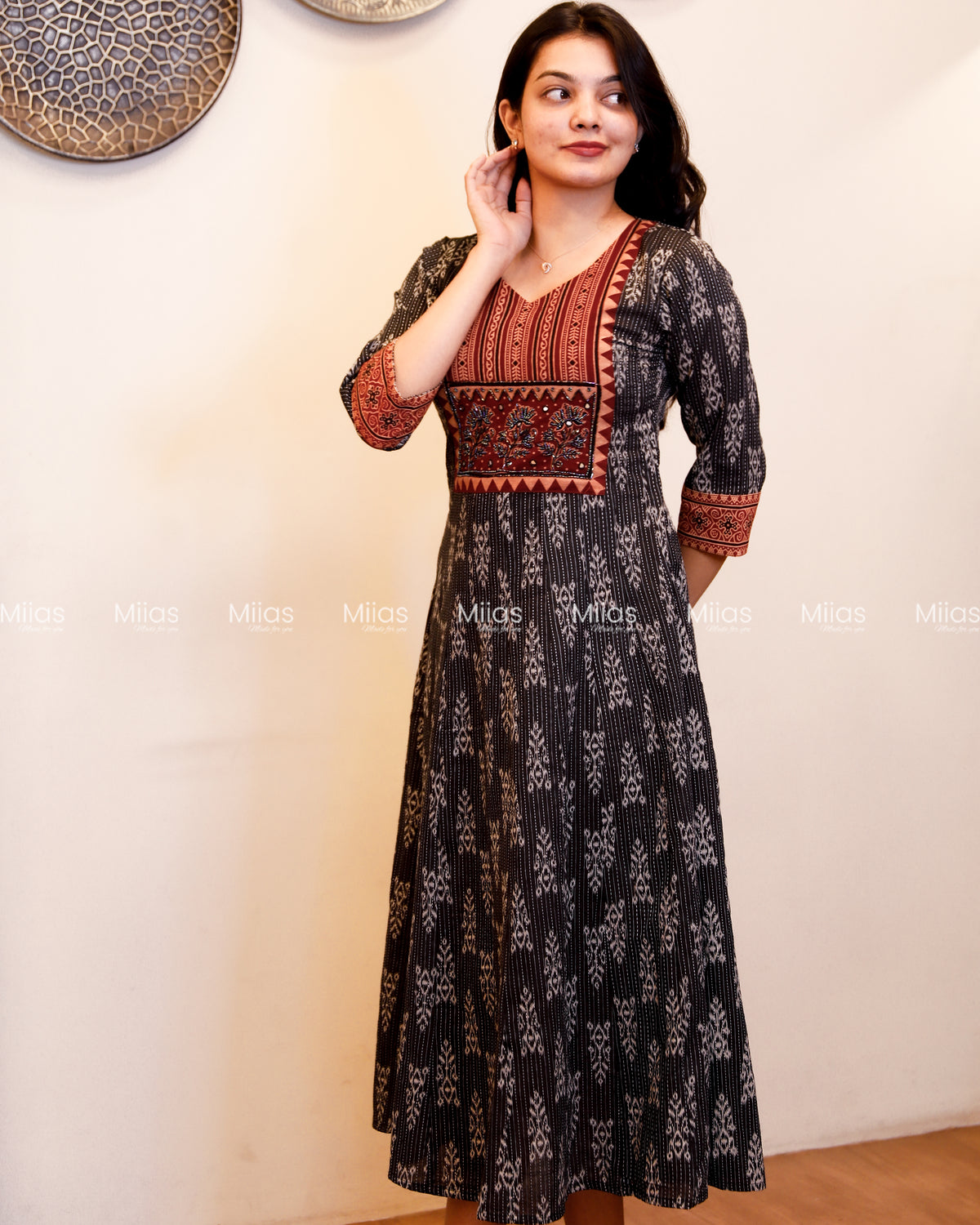 Kantha Cotton Panel Kurti | Ajrakh Beaded Yoke + Borders | Charcoal Black