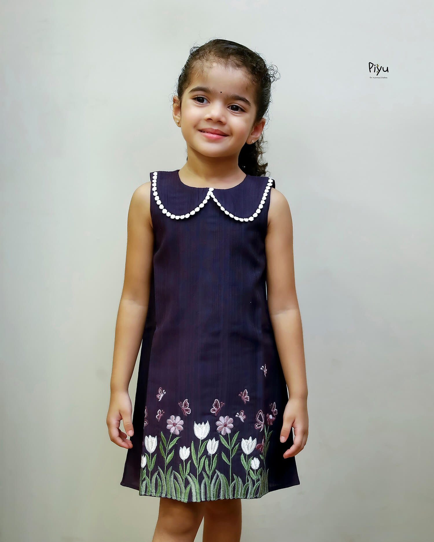 Vatican A-Line Frock with Peter Pan Collar & Embroidered Hem-Deep Violet