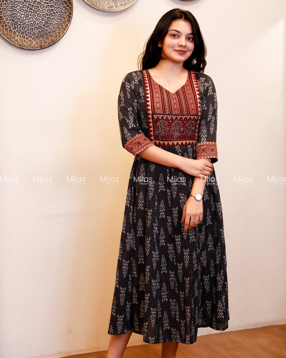 Kantha Cotton Panel Kurti | Ajrakh Beaded Yoke + Borders | Charcoal Black