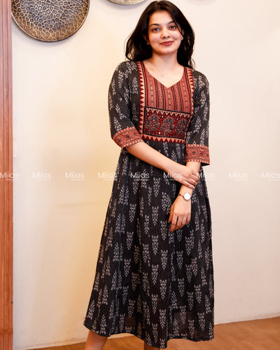 Kantha Cotton Panel Kurti | Ajrakh Beaded Yoke + Borders | Charcoal Black