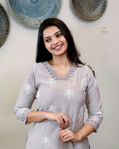 Crushed Dhara Silk | Embroidered Slit Top & Dupatta Set | Pastel Grey