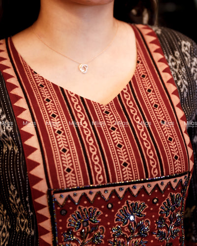 Kantha Cotton Panel Kurti | Ajrakh Beaded Yoke + Borders | Charcoal Black