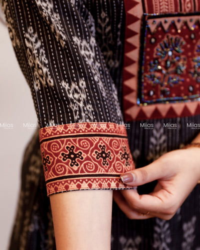 Kantha Cotton Panel Kurti | Ajrakh Beaded Yoke + Borders | Charcoal Black