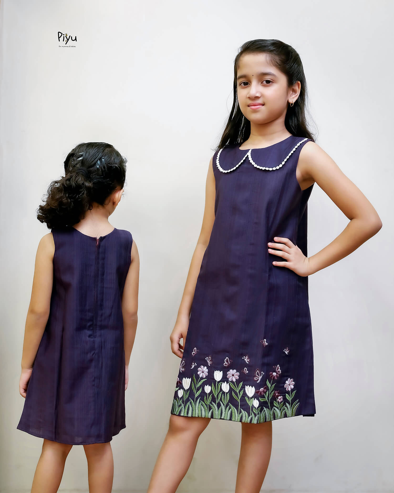 Vatican A-Line Frock with Peter Pan Collar & Embroidered Hem-Deep Violet