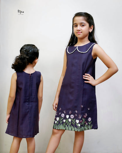 Vatican A-Line Frock with Peter Pan Collar & Embroidered Hem-Deep Violet