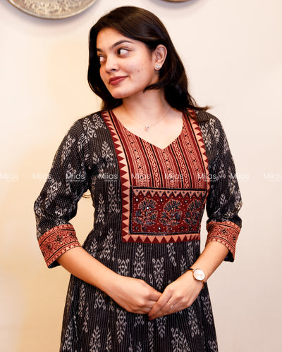 Kantha Cotton Panel Kurti | Ajrakh Beaded Yoke + Borders | Charcoal Black