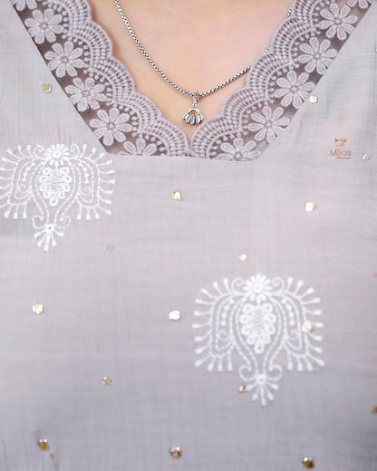 Crushed Dhara Silk | Embroidered Slit Top & Dupatta Set | Pastel Grey
