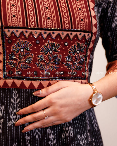 Kantha Cotton Panel Kurti | Ajrakh Beaded Yoke + Borders | Charcoal Black