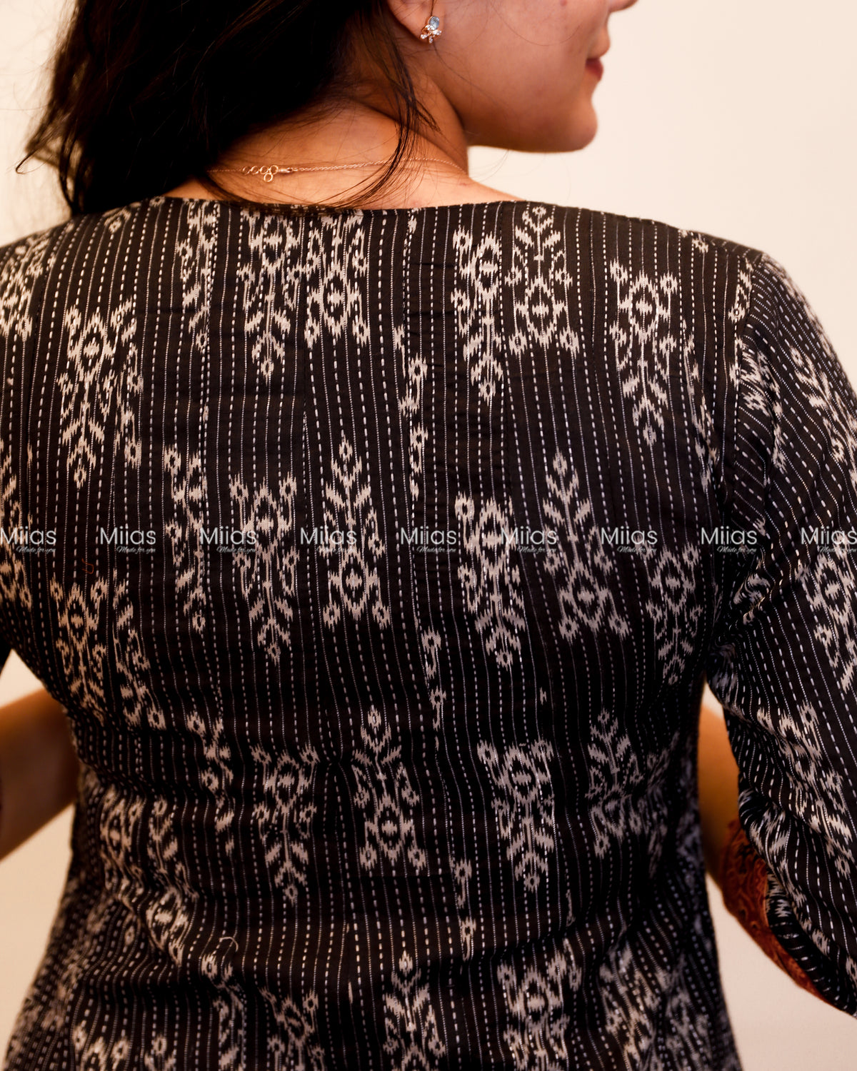 Kantha Cotton Panel Kurti | Ajrakh Beaded Yoke + Borders | Charcoal Black