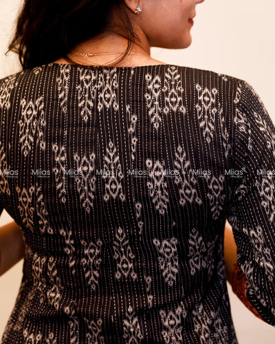 Kantha Cotton Panel Kurti | Ajrakh Beaded Yoke + Borders | Charcoal Black