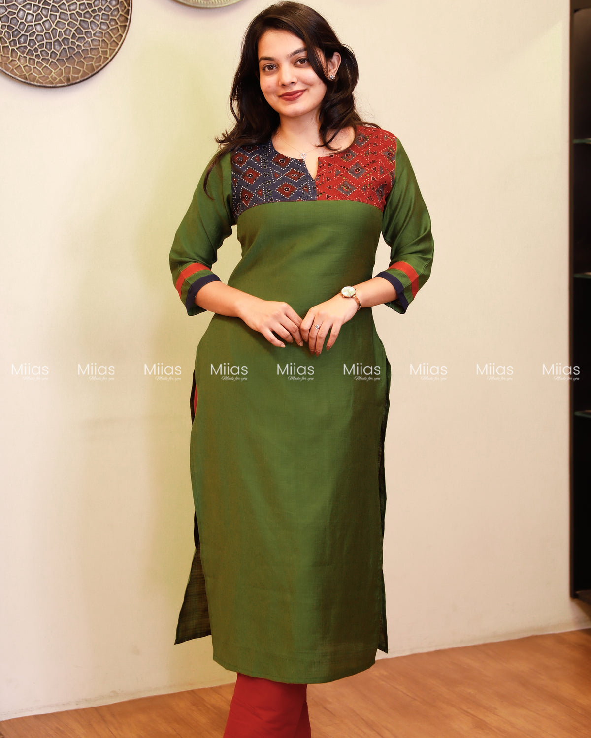 Vatican Fabric Co-ord Set | Ajrakh Hakoba Yoke + Borders | Fern Green
