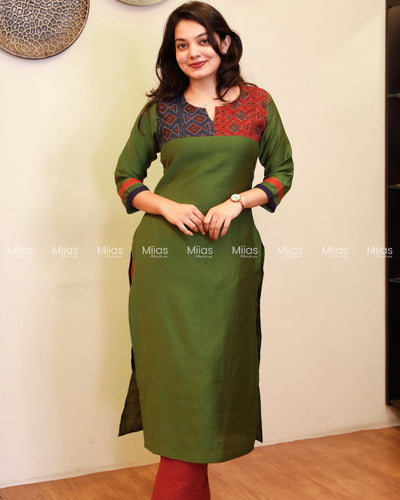 Vatican Fabric Co-ord Set | Ajrakh Hakoba Yoke + Borders | Fern Green