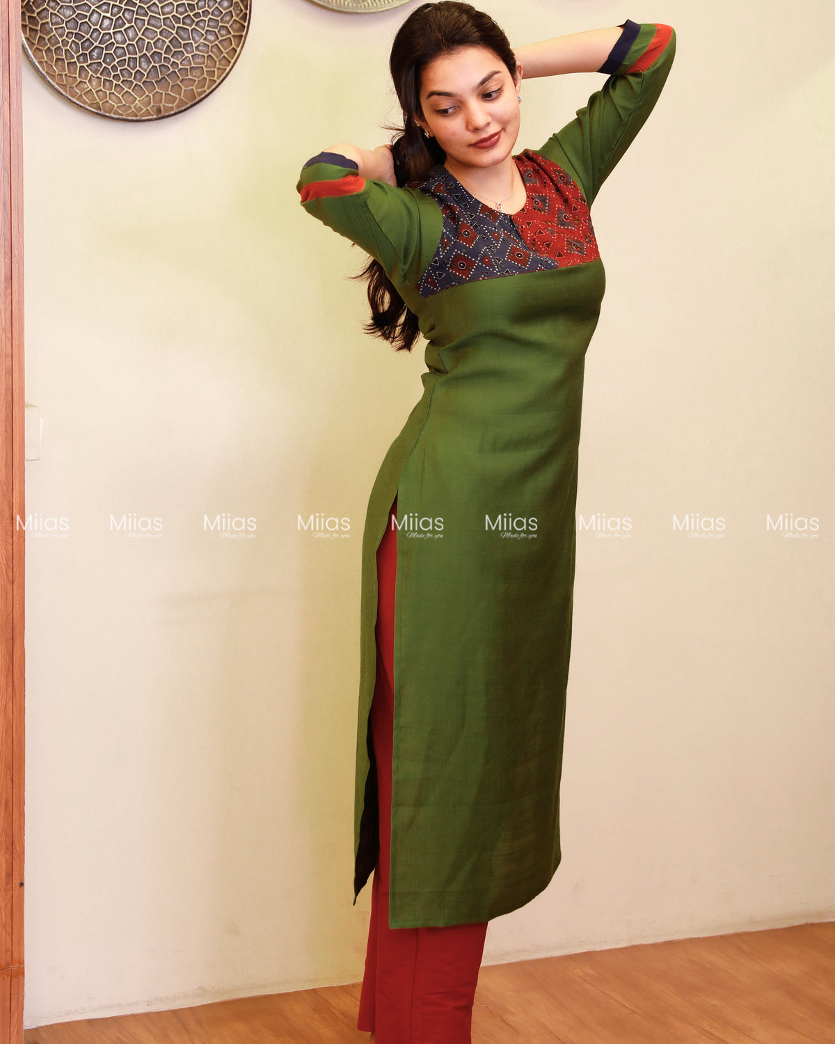 Vatican Fabric Co-ord Set | Ajrakh Hakoba Yoke + Borders | Fern Green