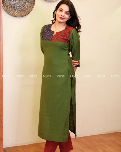 Vatican Fabric Co-ord Set | Ajrakh Hakoba Yoke + Borders | Fern Green