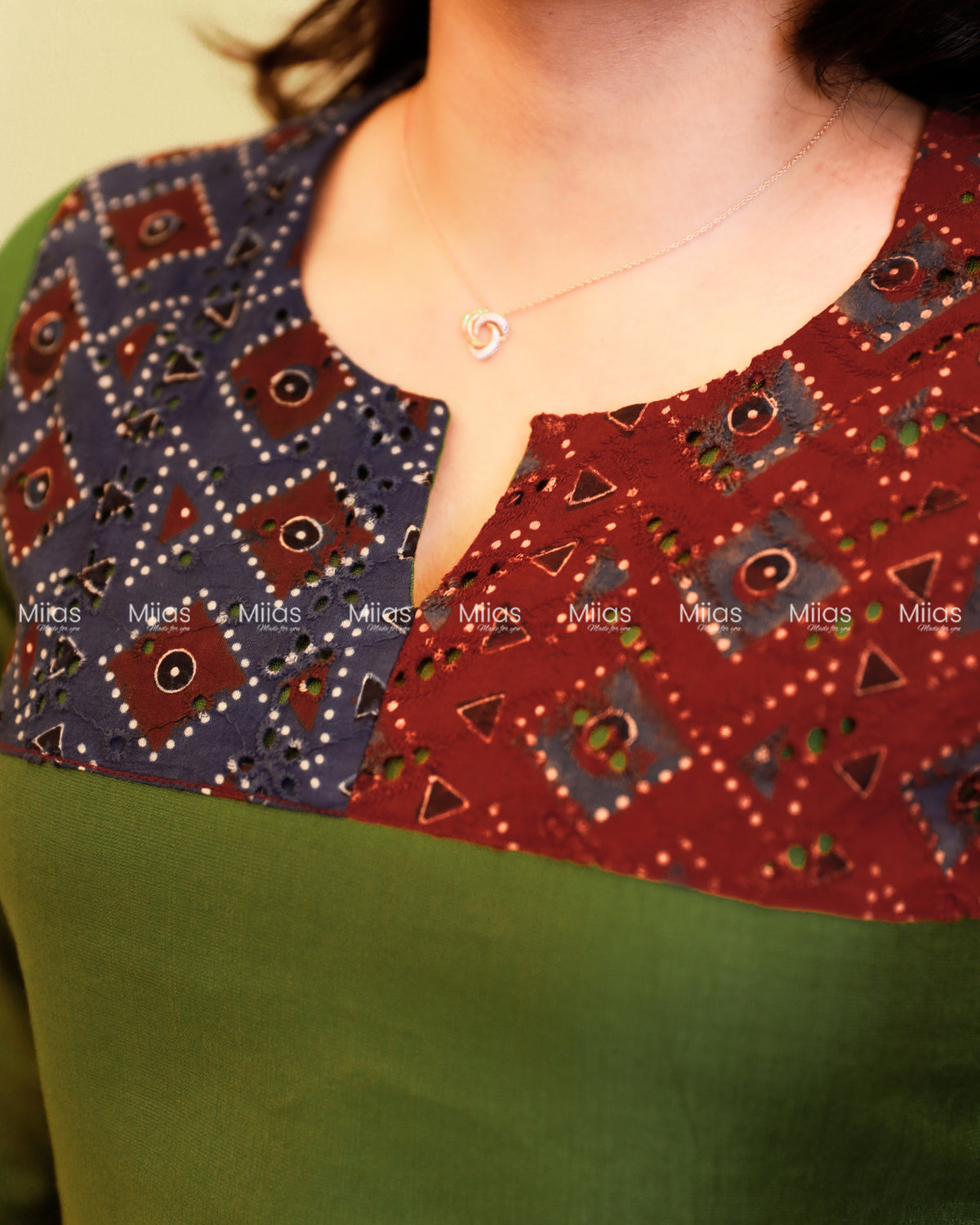 Vatican Fabric Co-ord Set | Ajrakh Hakoba Yoke + Borders | Fern Green