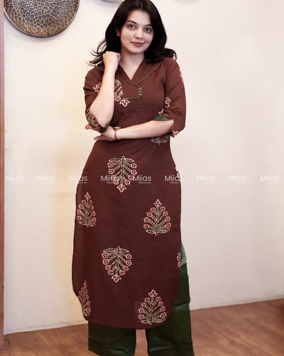 South Cotton Co-ord Set | Printed Top + Semi-Parallel Bottom | Coffee Brown