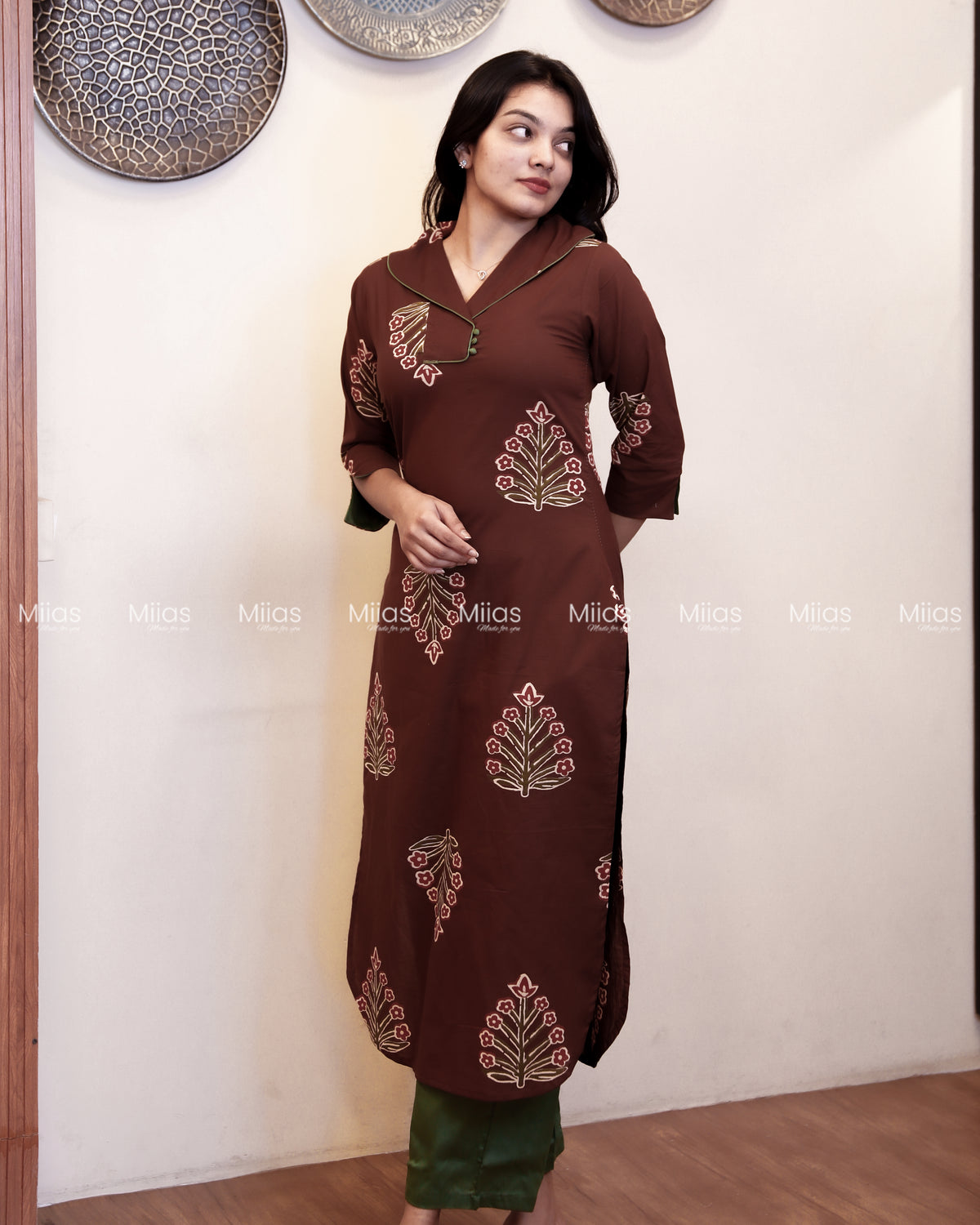 South Cotton Co-ord Set | Printed Top + Semi-Parallel Bottom | Coffee Brown