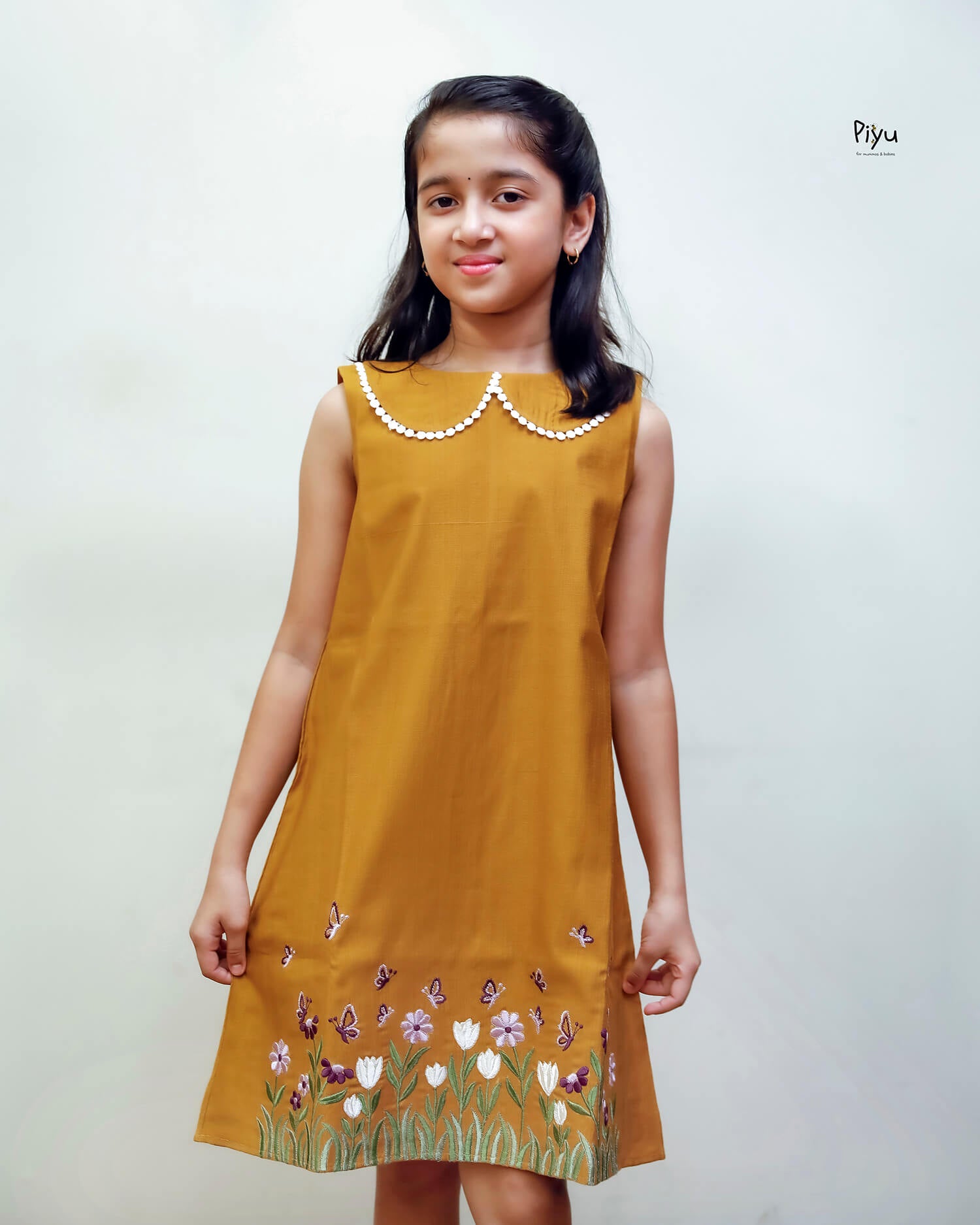 Vatican A-Line Frock with Peter Pan Collar & Embroidered Hem-Mango Yellow