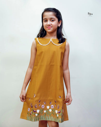 Vatican A-Line Frock with Peter Pan Collar & Embroidered Hem-Mango Yellow