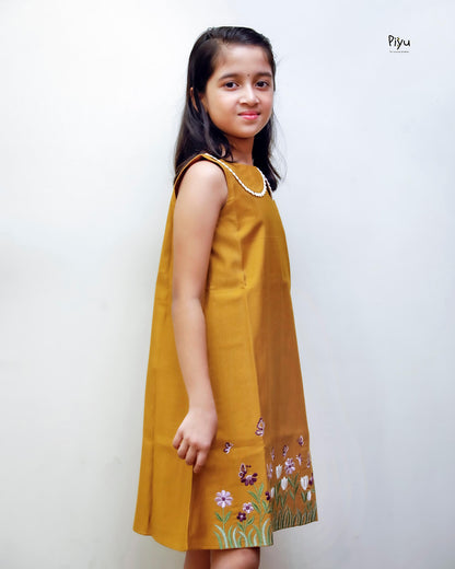 Vatican A-Line Frock with Peter Pan Collar & Embroidered Hem-Mango Yellow