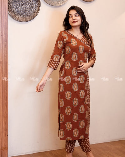 Ajrakh Cotton Co-ord Set | Mirror Neck + Dual-Print Top | Rust Brown