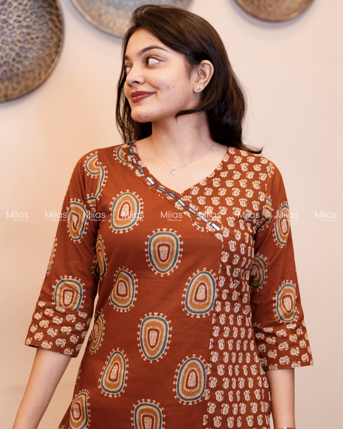 Ajrakh Cotton Co-ord Set | Mirror Neck + Dual-Print Top | Rust Brown